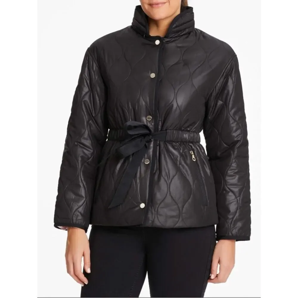 KATE SPADE Onion Quilt Jacket Black Cinched Waist Hood Women’s Size XS Classic